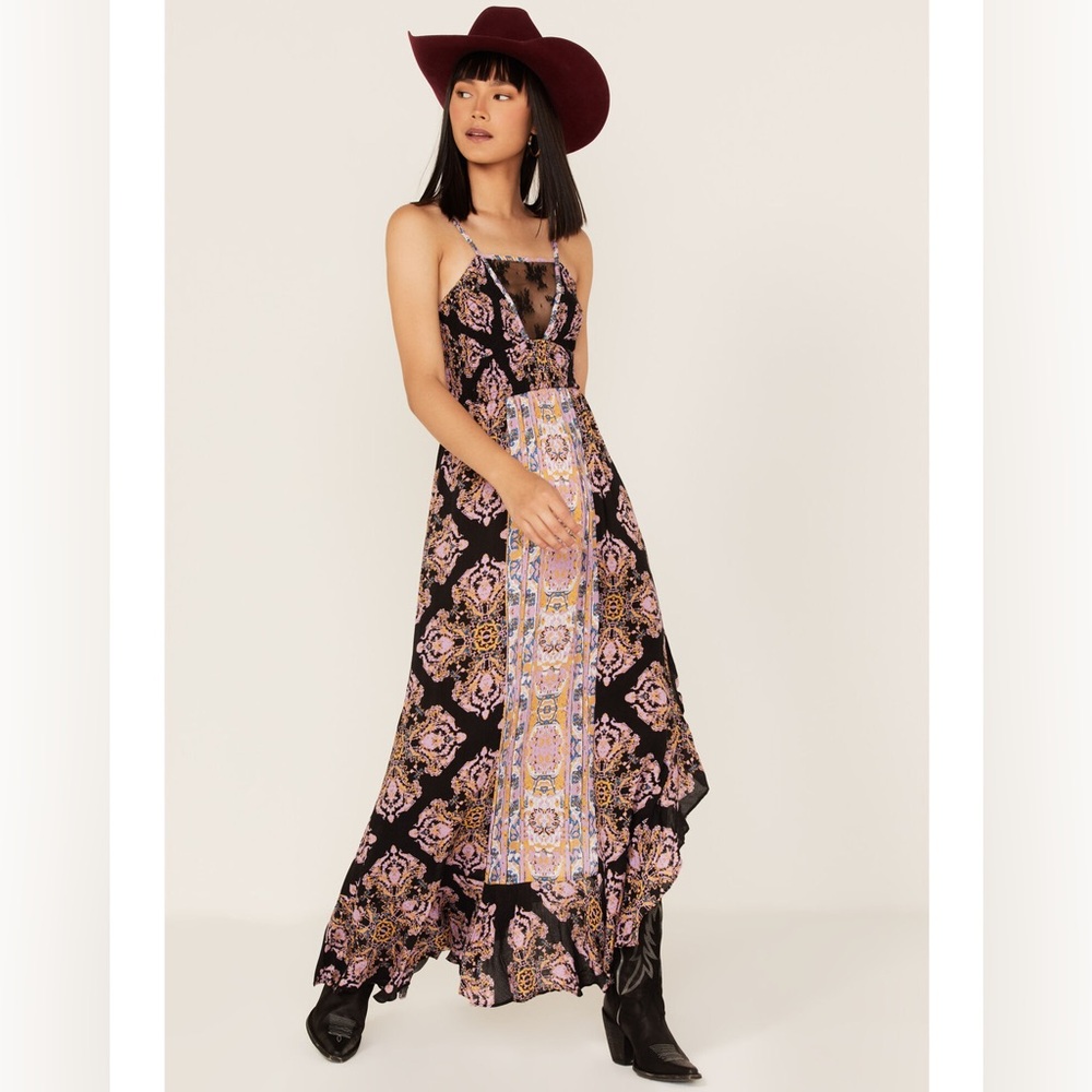 Free People Maxi Dress Womens Small Paisley Asymmetrical Lace Boho *See Descrip*